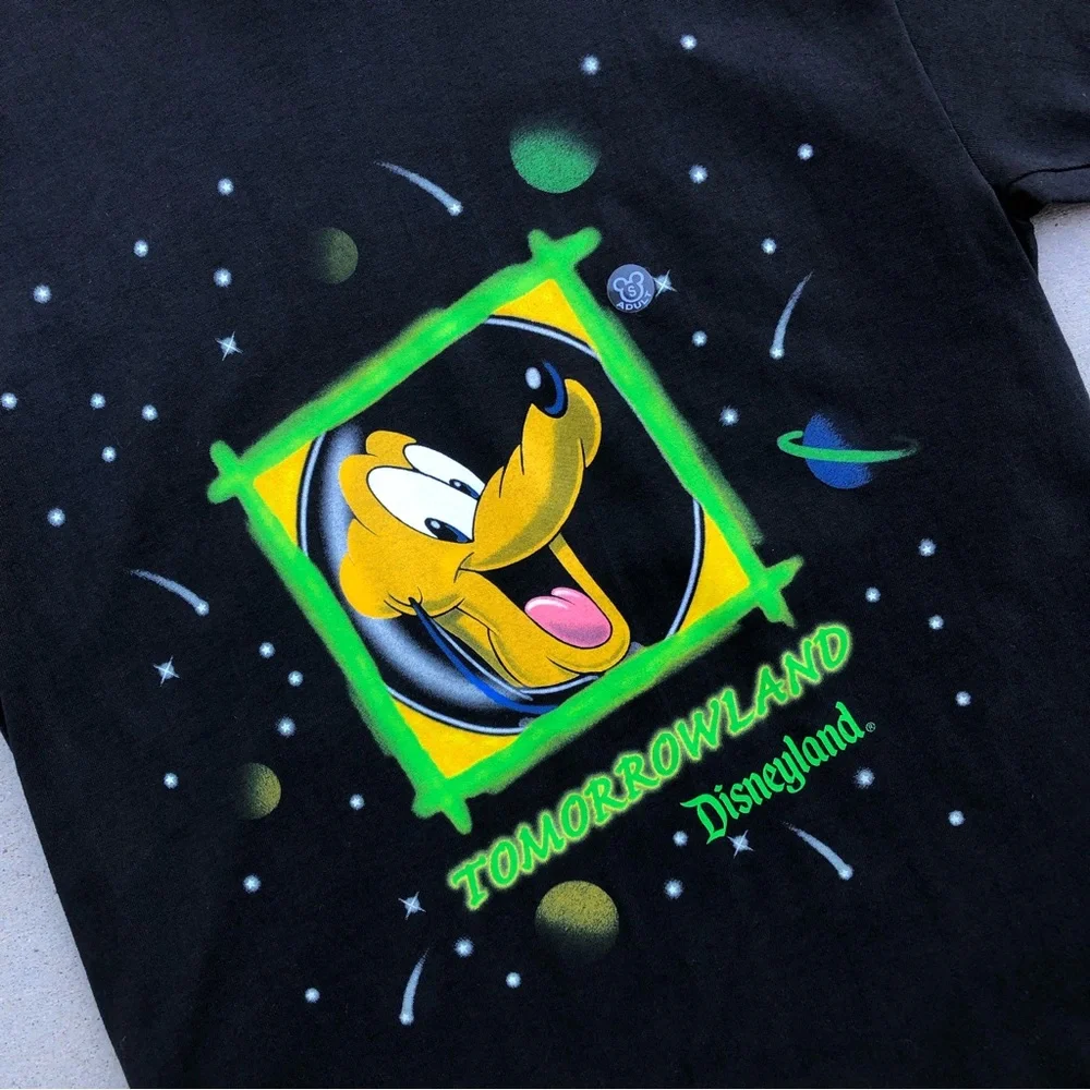 Vtg Disney Tomorrowland Pluto Cartoon Graphic Black Mickey Inc Tee - Size Small - Picture 3 of 9